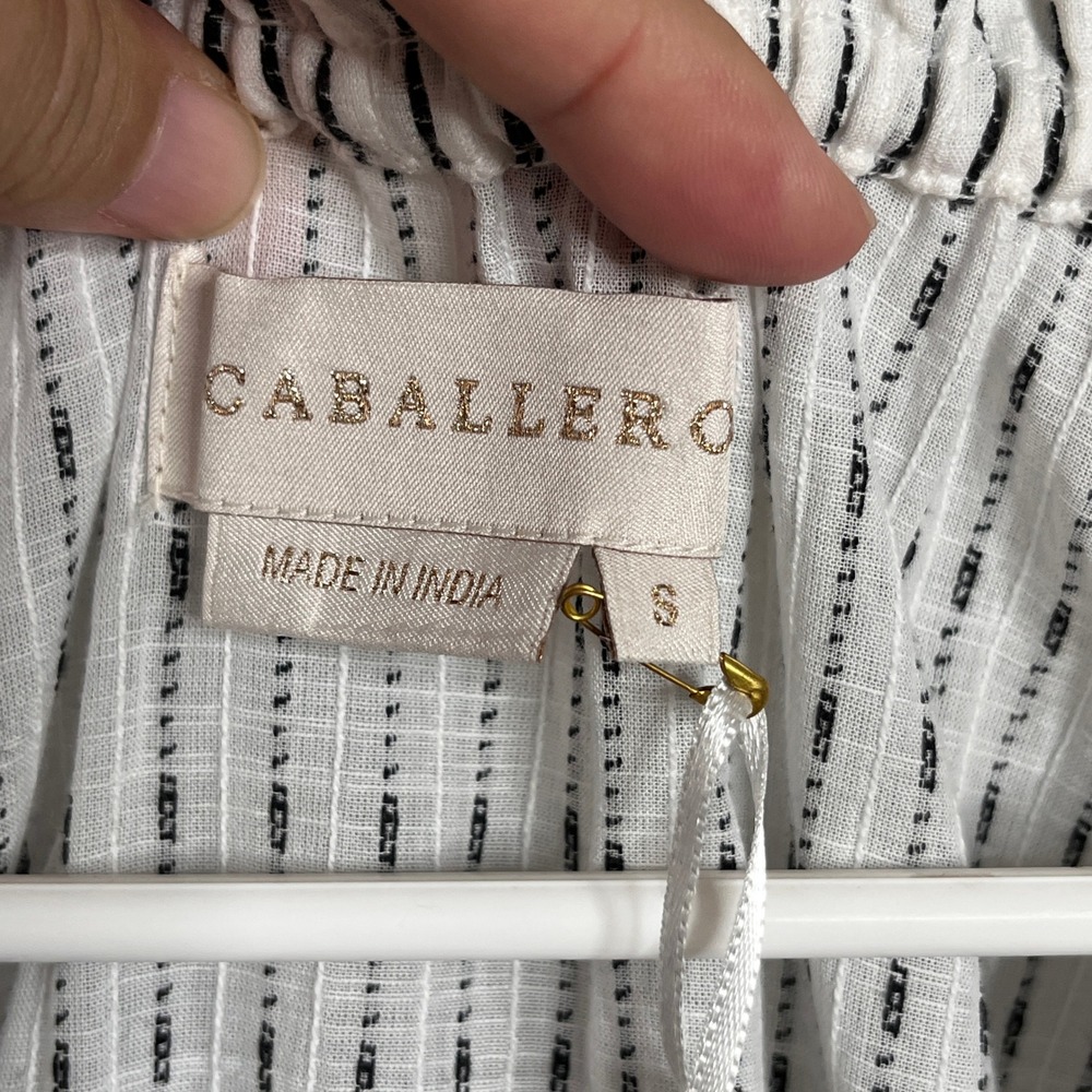 Caballero Harper Top Peplum Striped Ruffle Sleeve Tie Neck White Black Size S - Picture 6 of 9